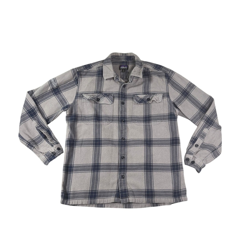 Patagonia Mens Grey Navy Blue Plaid Organic Cotton Flannel Shirt Aspen Snowmass